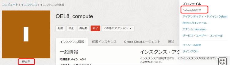 画像1：Computeインスタンスの停止中ステータスの画面